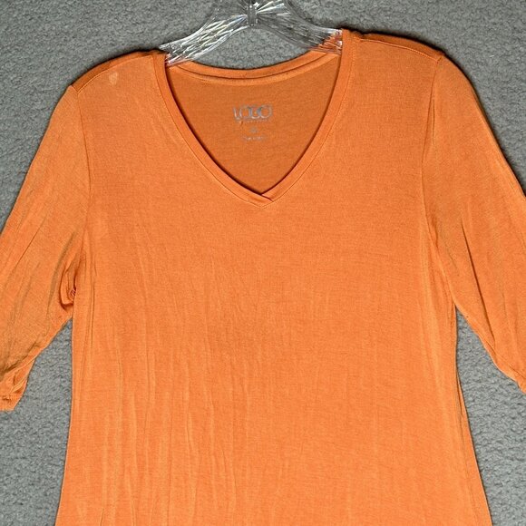 LOGO Lori Goldstein Orange Tunic Top Small Layered Hem Rayon Spandex Blouse Boho - Picture 3 of 10